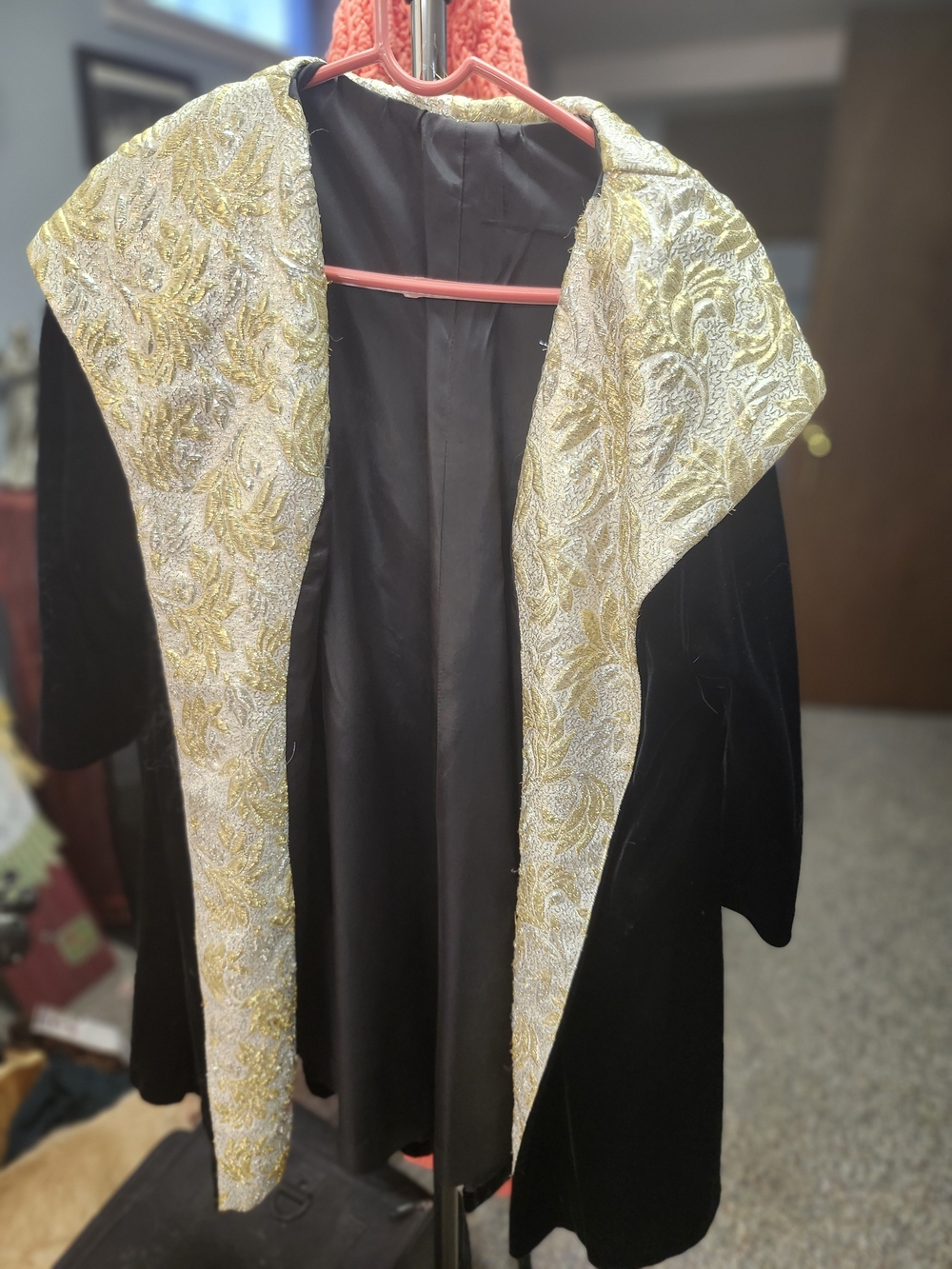 Black Velvet Long-Sleeve Dress with Gold Brocade Trim